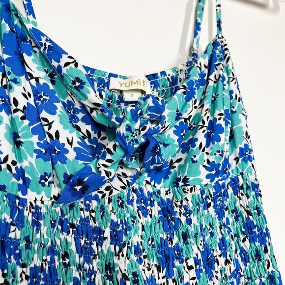 Yumi Kim Tiered Floral Blue Smocked‎ Sleeveless Dress Sz S Cottage Boho Peasant - Picture 4 of 11